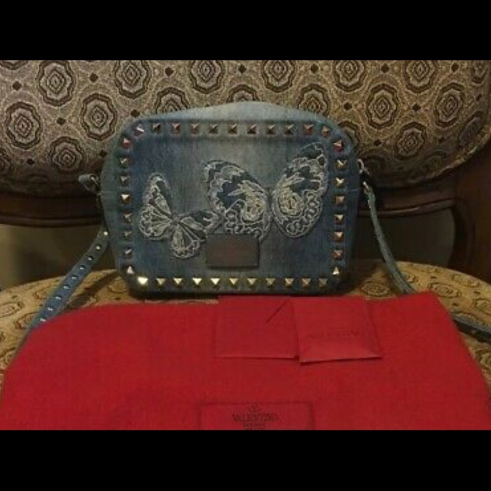 Valentino Denim Rockstud Embroidered Bag